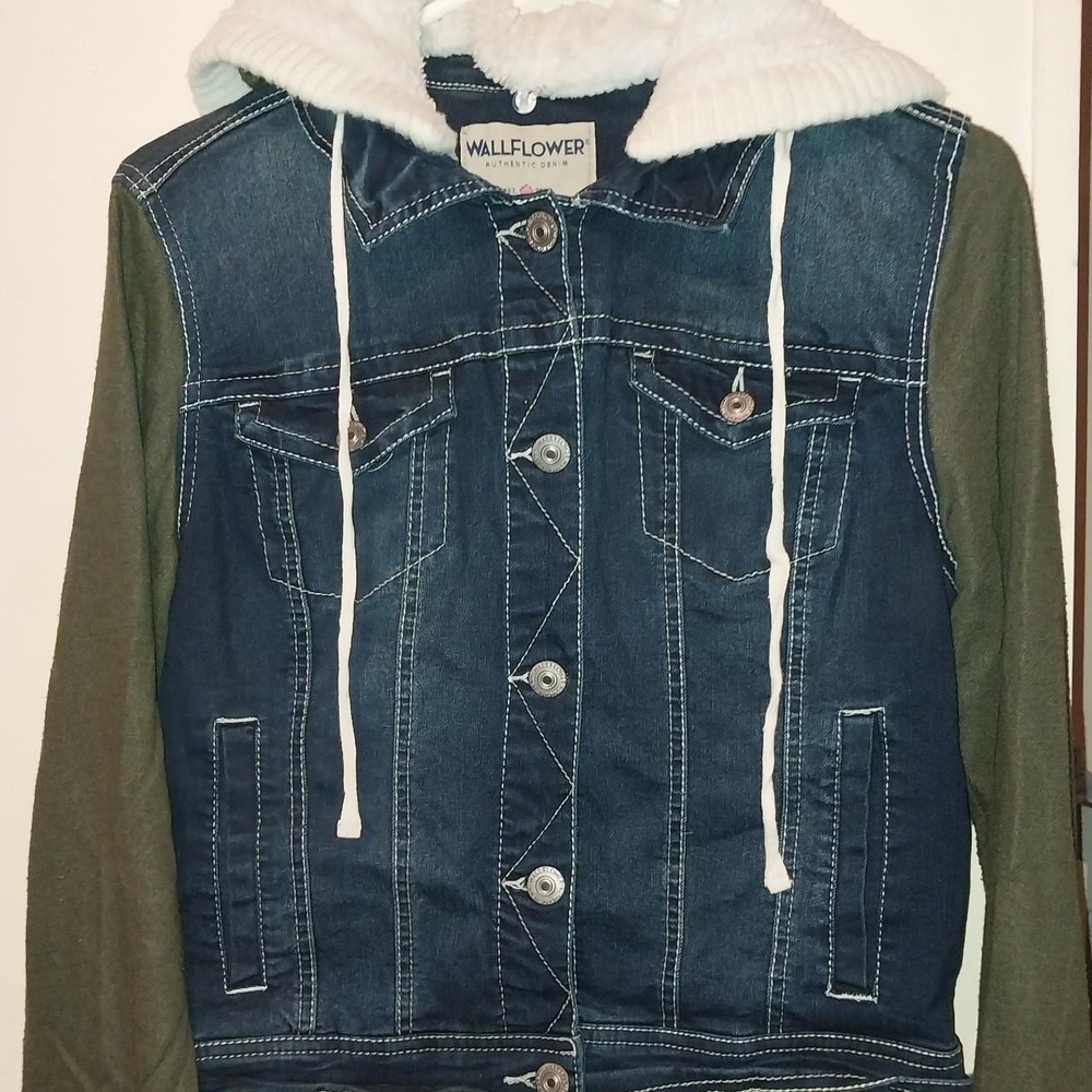 Wallflower Blue Denim Jacket with White Sherpa Hood and Olive Sleeves